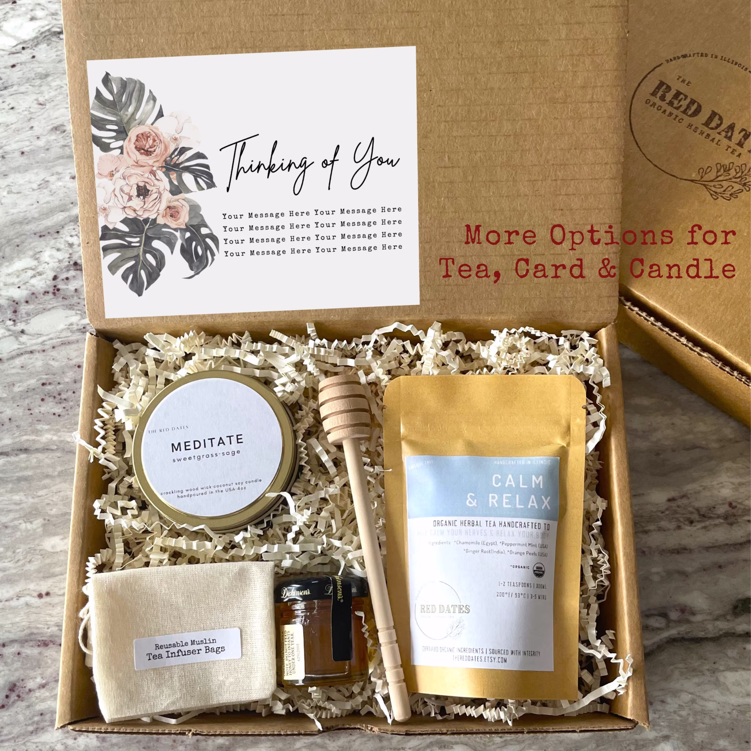Organic Tea Gift Box With Candle, Honey, Dipper, Infuser, & Personalized Card | Thank You Birthday Thinking Of Self Care For Her