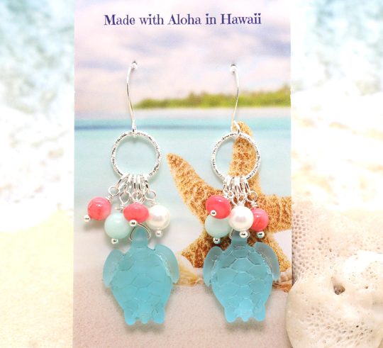 Sea Glass Turtle Earrings/Beachy Boho Sea Glass Tropical Beach Wedding