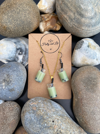 Bubble Tea Novelty Necklace & Earring Light Green Colour Set - Green Tea, Boba Necklace, Earrings, Set, Bff