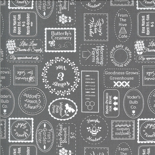 Moda Slate Seed Catalogue From Spring Brook By Corey Yoder 2911523. Grey Background With Labels. 44 Inch Wide Premium Quilters Cotton