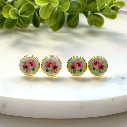 Botanical Cabochon Stud Earrings - Hibiscus/12mm 1 Pair