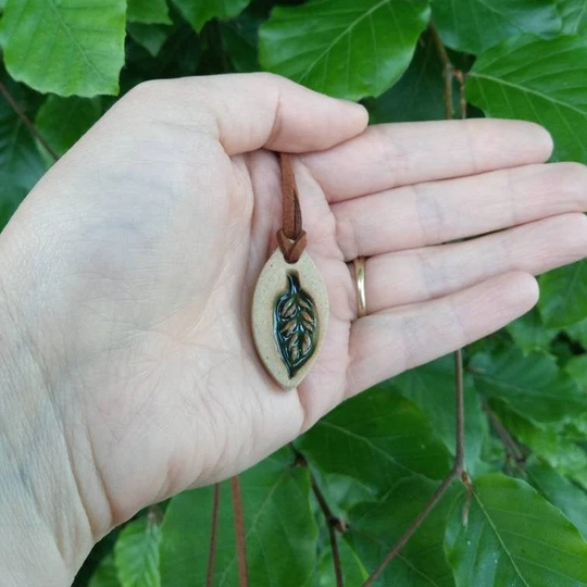 Ceramic Leaf Pendant, Natural Organic Boho, Handcrafted Jewelry Necklace