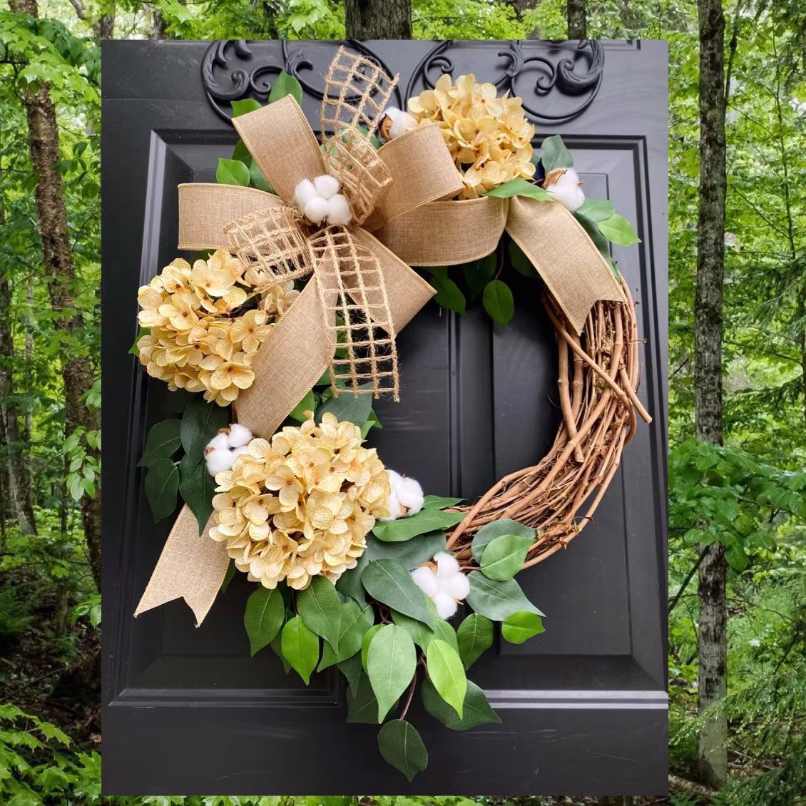 Cream Hydrangea Wreath, Farmhouse All Season Summer Spring Rustic Home Decor, Cotton Grapevine Wreaths