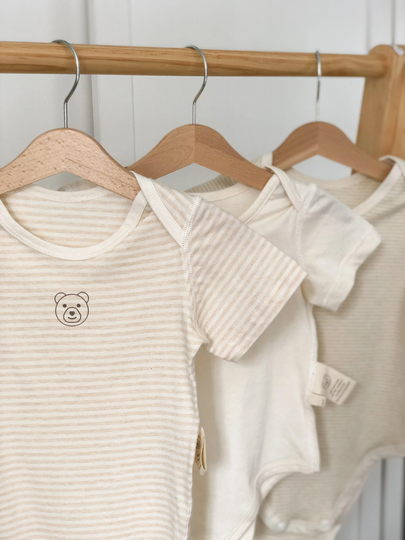 Organic Un-Dyed Cotton Baby Short Sleeve Bodysuits Striped, Cream, Green Unisex Boys & Girls