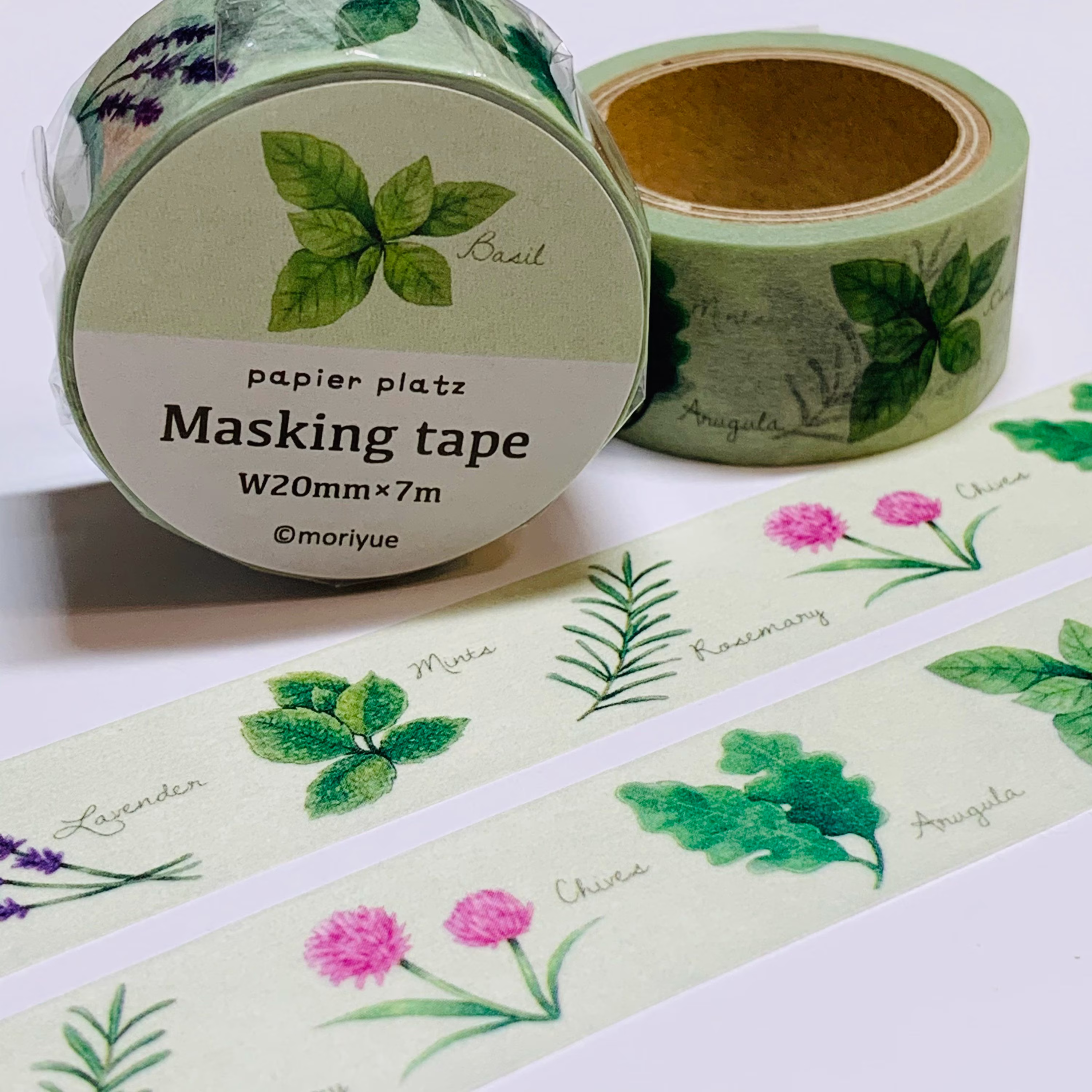 Basil Mint Herbs Washi Tape Designed By Moriyue For Papier Platz ~ 1 Roll 20mm X 7M | 23 Feet