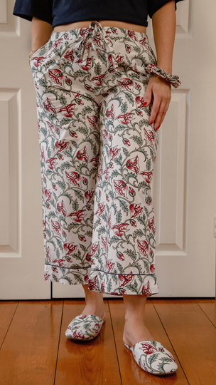 Organic Cotton Crop Trousers, Floral Pyjamas Uk, Sustainable Nightwear, Block Print, Pyjama Bottoms, Xmas Gifts For Her
