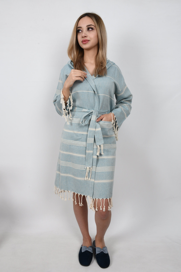 Organic Bathrobe, Turkish Peignoir, Cotton Pajama, Wedding Gift Robe, Beach Wear, Petrol Blue Kimono, Striped Bathrobe