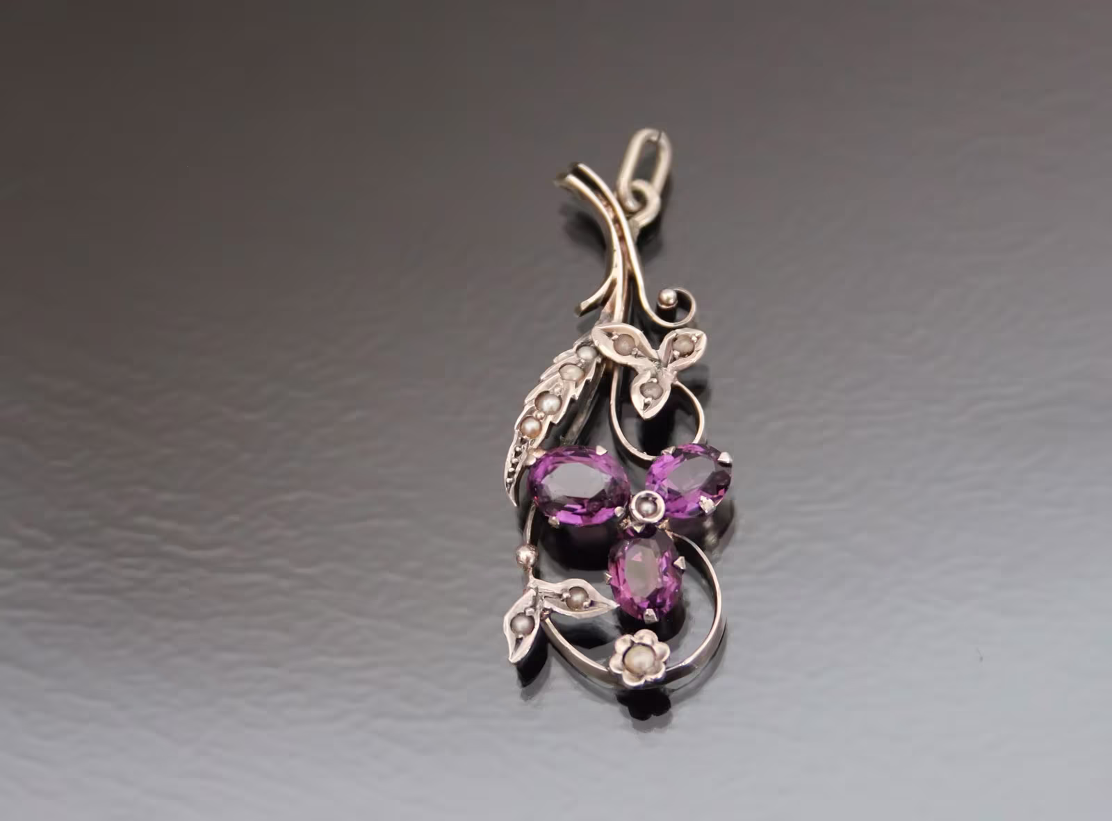 Edwardian Amethyst Seed Pearls Floral Pendant. 900 Silver