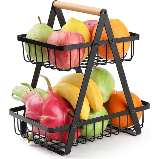 2 Tier Fruit Basket, Detachable Kitchen Fruit Baskets, Countertop Dining Organizer Kitchen Storage for Fruits, Snacks and Vegetables, Black