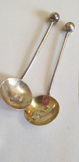 Antique Art Deco Birmingham Silver 1922 Pair Of Small Ball End Salt Spoons