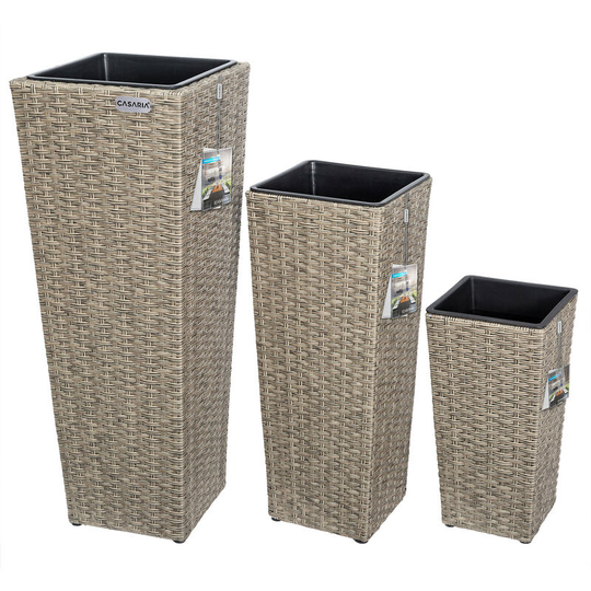 Casaria - Poly Rattan Planter Set 3 Pcs Flower Outdoor Garden Patio Planters Square Tube Cream