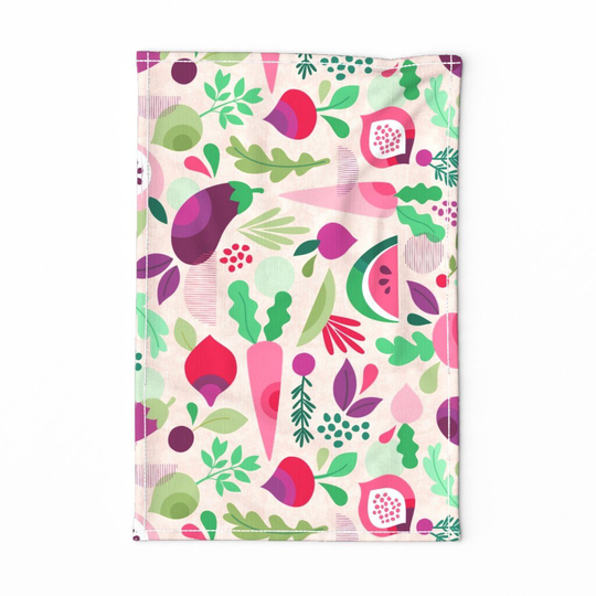 Gardening Tea Towel - My Garden in Pink By Mil_Papeles Vegetables Veggie Farm Fruits Herbs Linen Cotton Canvas Spoonflower