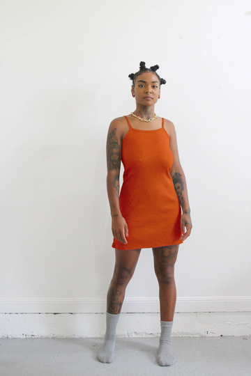 Organic Cotton Stretch Mini Dress. Ladies Burnt Orange Knit Rib Dress - Ember
