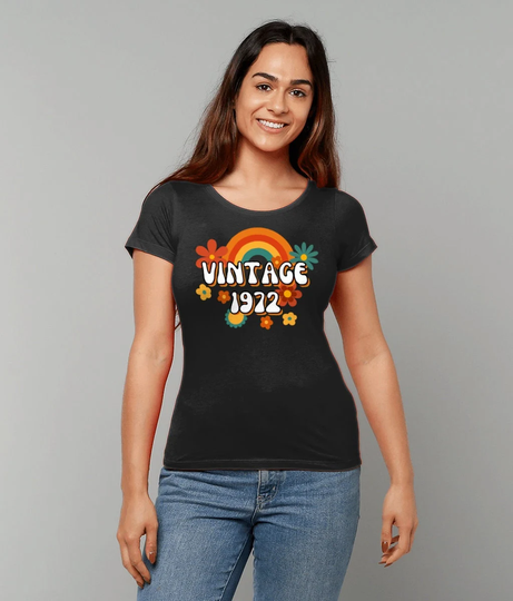 Womens 50Th Retro Birthday Fitted T-Shirt 1972 T Shirt Vintage Born in The 1970S 70S Inspired Groovy Flower Power Ladies