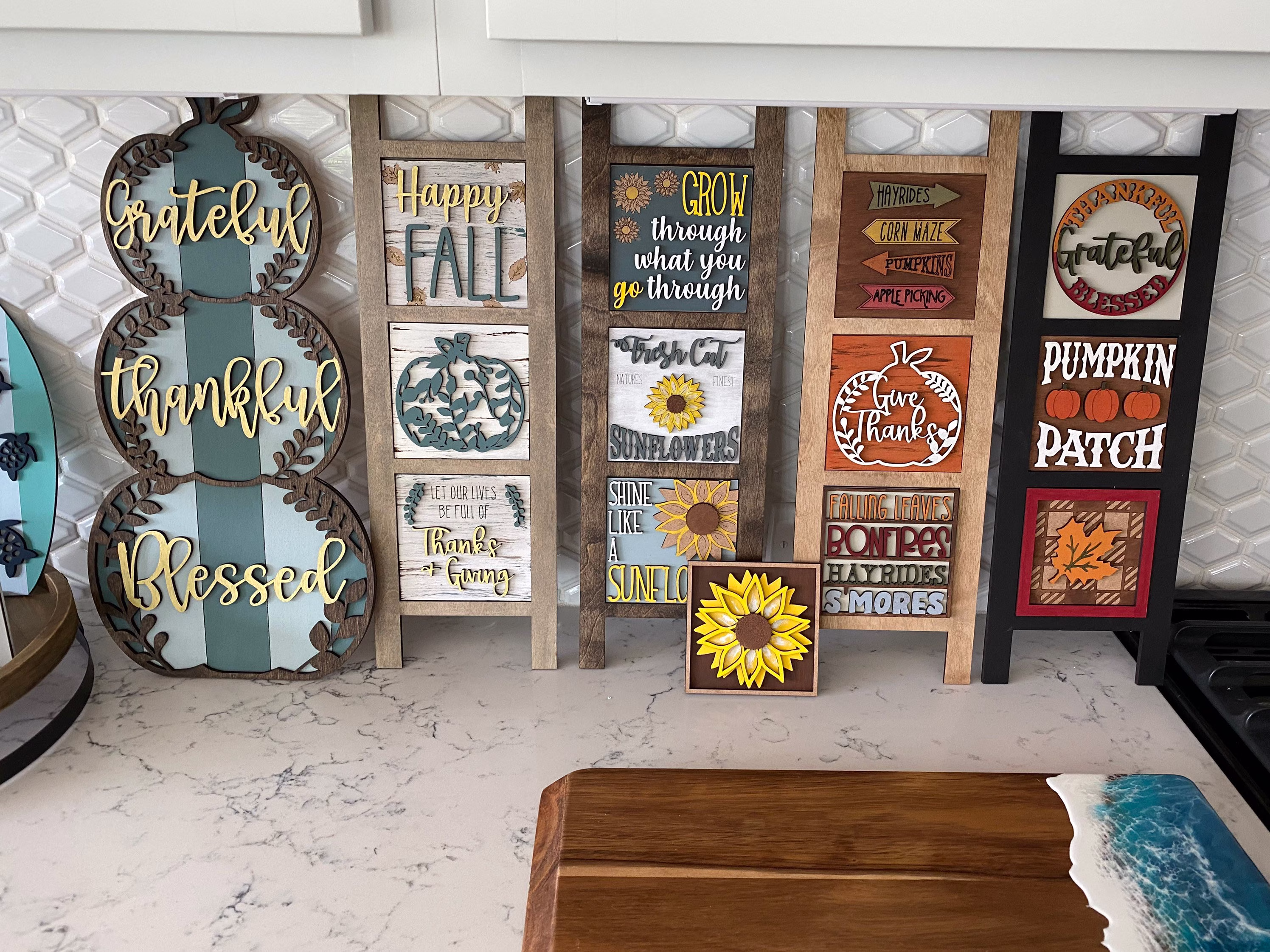 Leaning Ladder, Interchangeable Sign Holder, Holiday Decor, Seasonal Inserts, Wood Tiles
