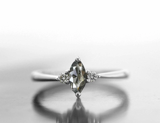 Marquise Salt & Pepper Diamond Round Three Stones Ring | Art Deco Minimalist Engagement Anniversary