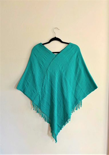 Women's Teal Poncho, 100% Organic Cotton, Handwoven, Ecofriendly, Naturally Dyed, Bohemian Fashion, Handmade Sustainable Fashion
