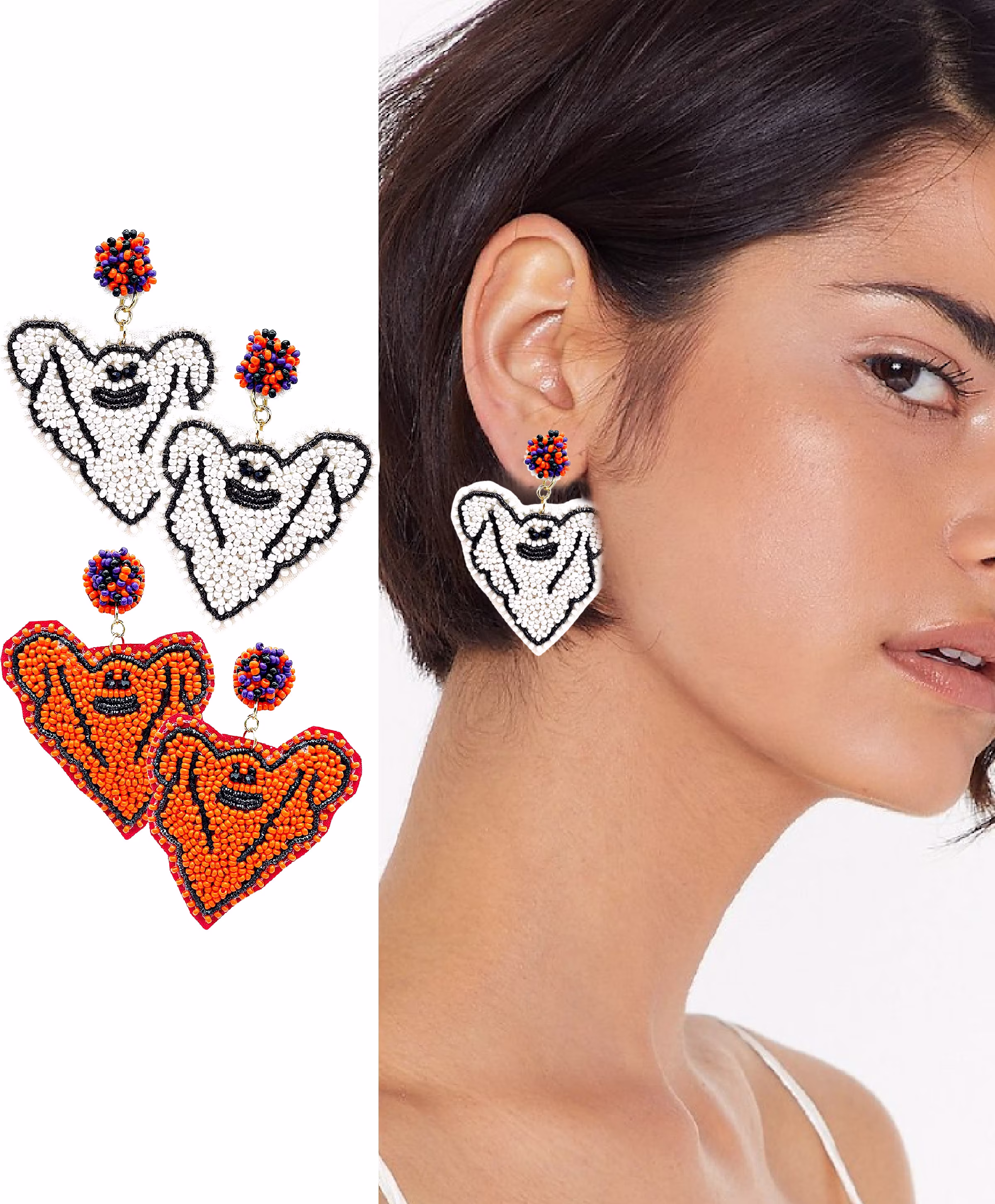 Halloween Ghost Seed Beaded White Orange Statement Gift Earrings