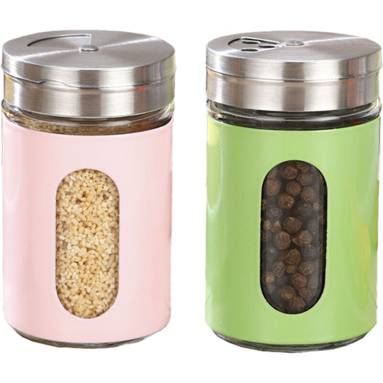 Fvbjd - Salt and Pepper Shakers Stainless Steel and Glass Set with Adjustable Pour Holes 1pcs green+1pcs pink