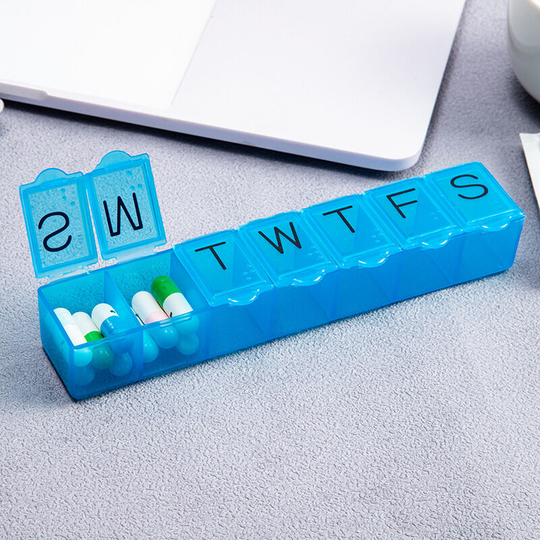 Weekly (7-Day) Pill Organizer, Vitamin Case, and Medicine Box, Small Compartments, Blue