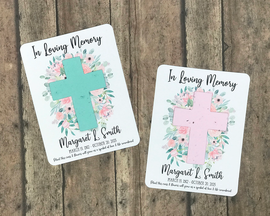 Plantable Seed Cross Watercolor Flowers Vertical Memorial Cards Set Of 12 - Recycled Paper Favors in Loving Memory
