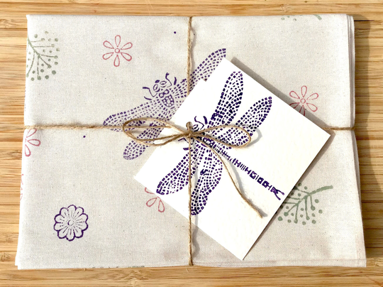 Dragonfly Organic Cotton Tea Towel/Hand Printed/House Warming/ Birthday/ Gift