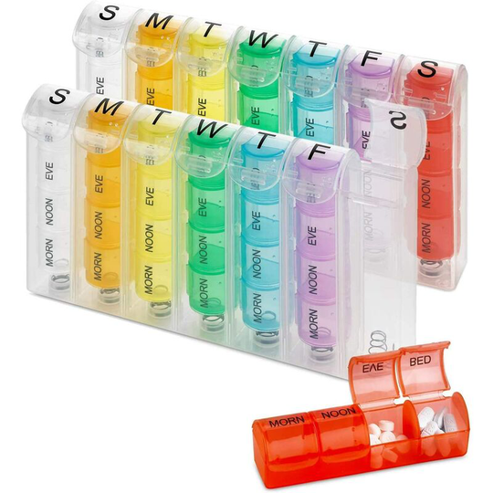 Sun Flowergb - Weekly Pill Organizer - (Pack of 2) Medicine & Vitamin Boxes, 4 times a day for the whole week, am/pm Indication