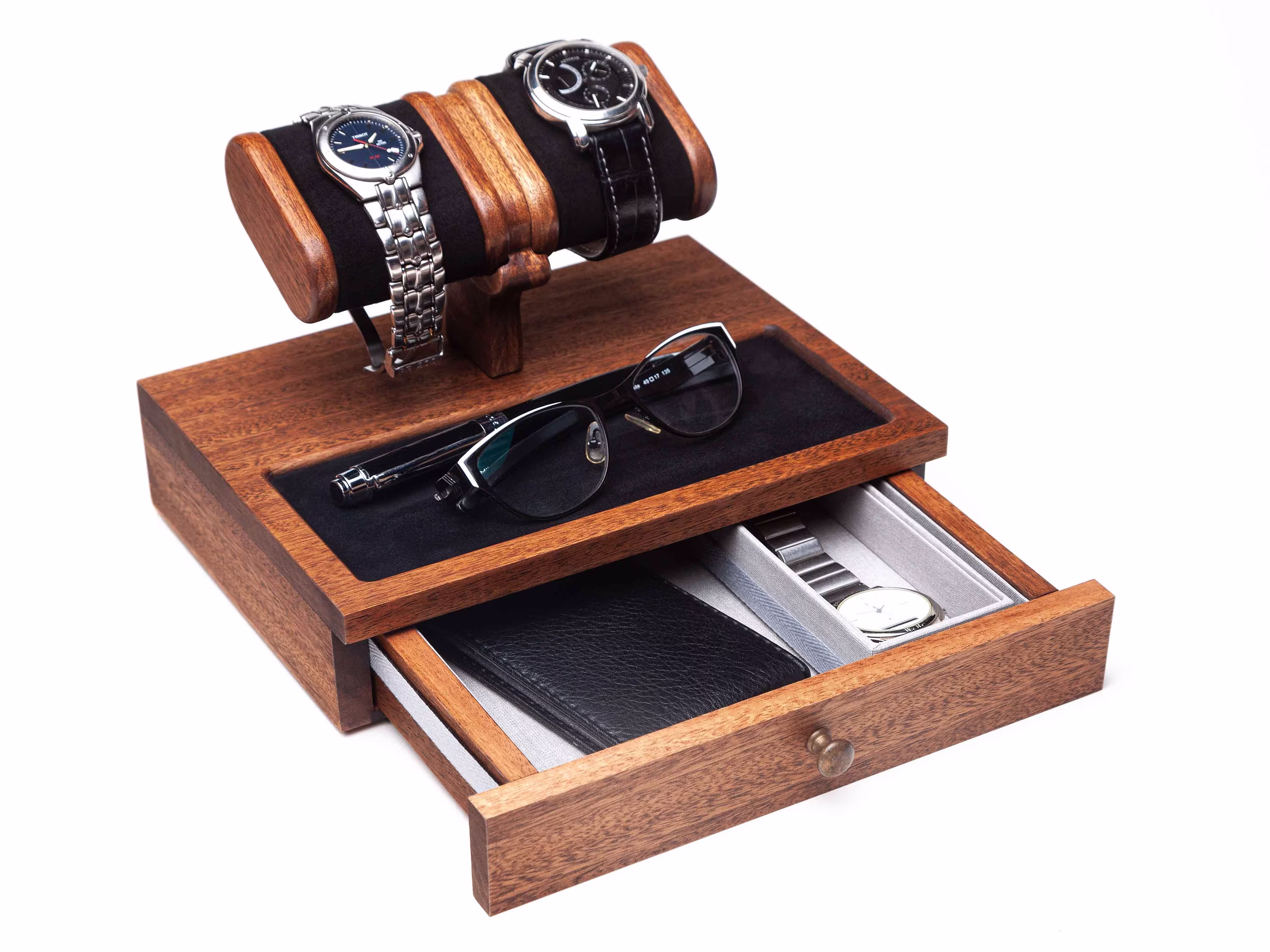 Mahogany Wood Desk Organizer With Drawer. Watch Stand, Jewelry Tray