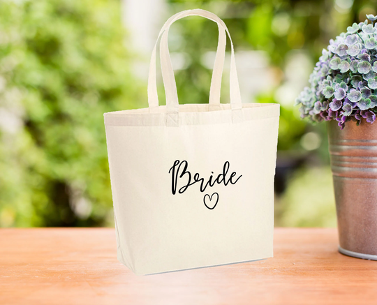 Bride Tote Bag, Bridal Party Organic Cotton Hen Weekend Canvas Wedding Welcome Gift, Honeymoon Newlywed Reusable Bag