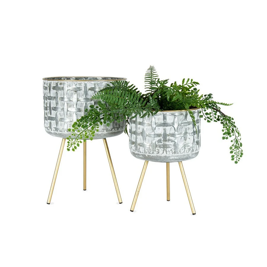 Distressed White 3 Leg Metal Pot Planters - Set Of 2 | Floor Planter With Legs