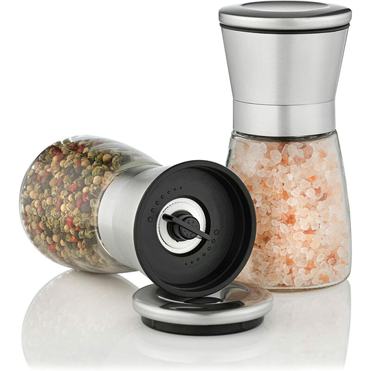 Bearsu - Set of 2 spice grinders with adjustable ceramic grinder - Stylish salt and pepper mill made of premium stainless steel - also as a chili