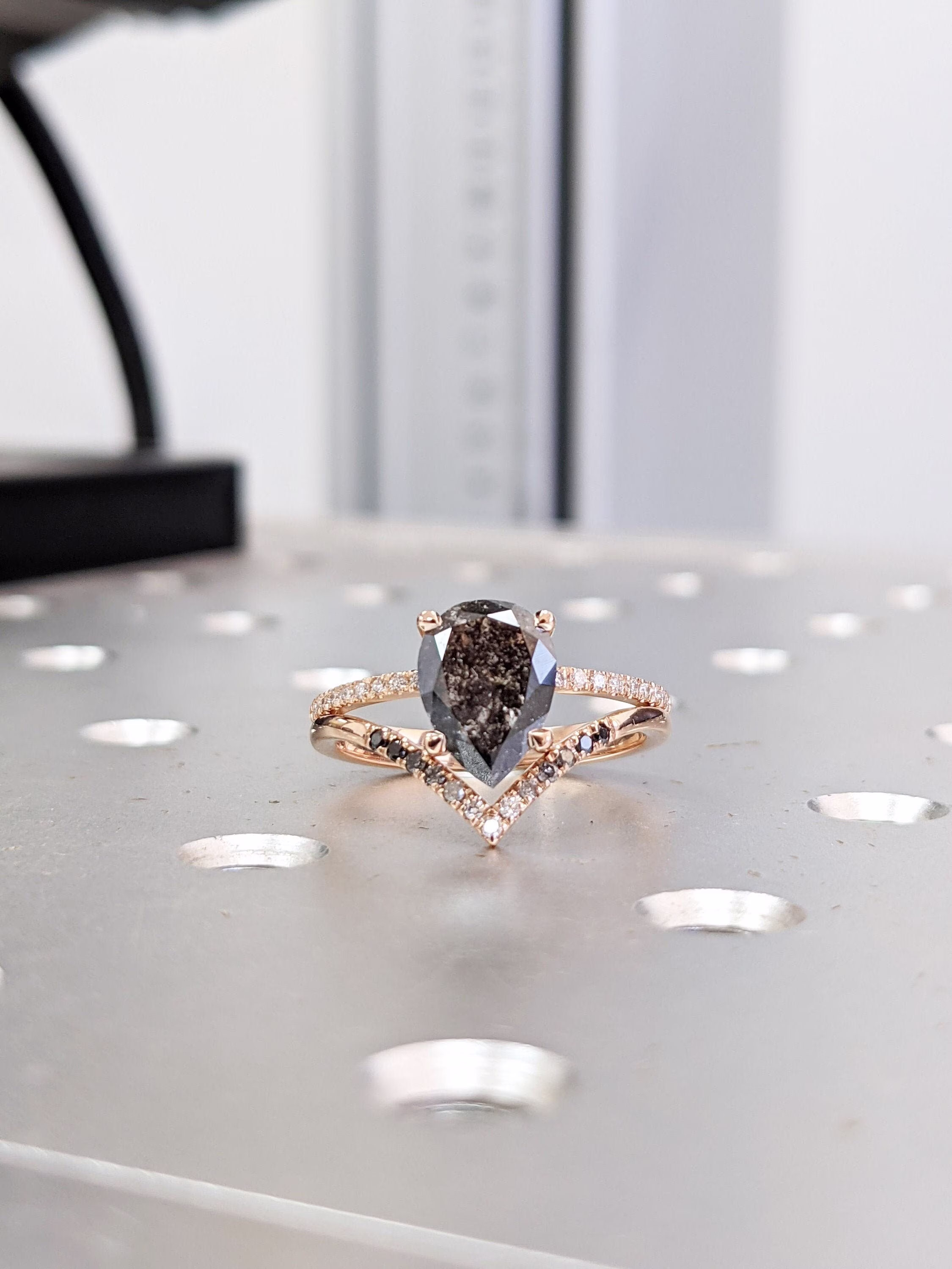 Salt & Pepper Diamond Engagement Ring, Art Deco Pear Shaped Rose Gold Wedding Ring Set, Antique & Bridal Set