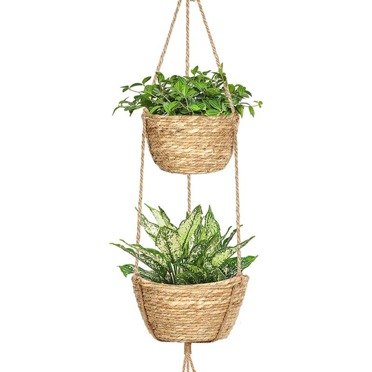 Deckon - Hanging Flower Pot Indoor 2-Layer Seaweed Hanging Basket Hanging Plant Holder with Adjustable Jute Rope Decorative Hanging Pots Plant