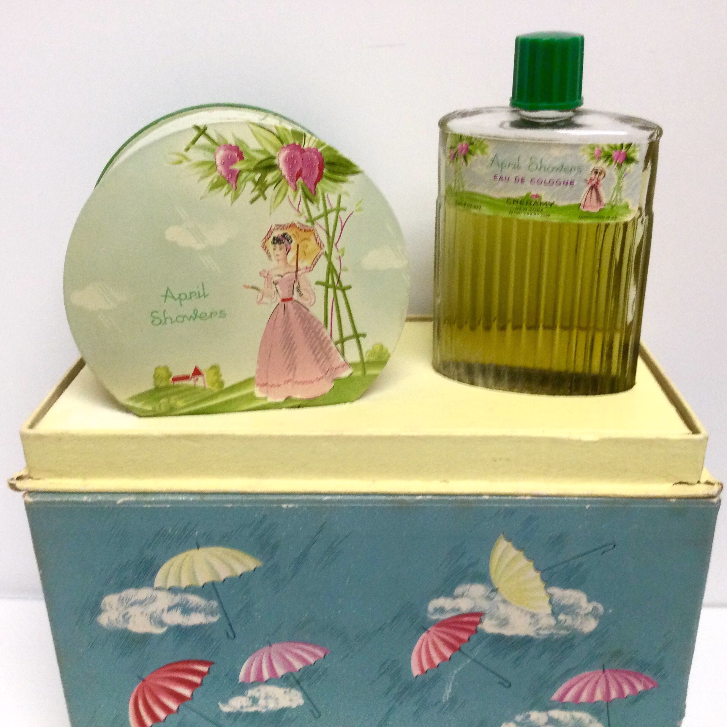 Incredible Graphics Unused in Box Perfume Bottle & Powder Tin April Showers