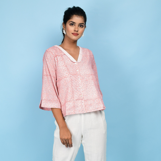 Powder Pink Block Print 100% Cotton Top, Customizable Top For Women, Comfort Fit Short