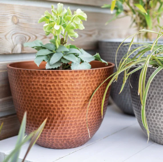 Copper Hammered Large Garden Planters Indoor Round Flower Pot - Recycled Plastic