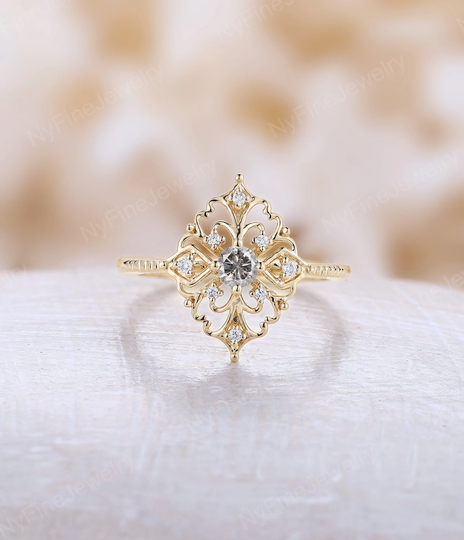 Art Deco Salt & Pepper Diamond Engagement Ring Vintage Yellow Gold Bridal Unique Diamond Delicate Wedding Anniversary Promise