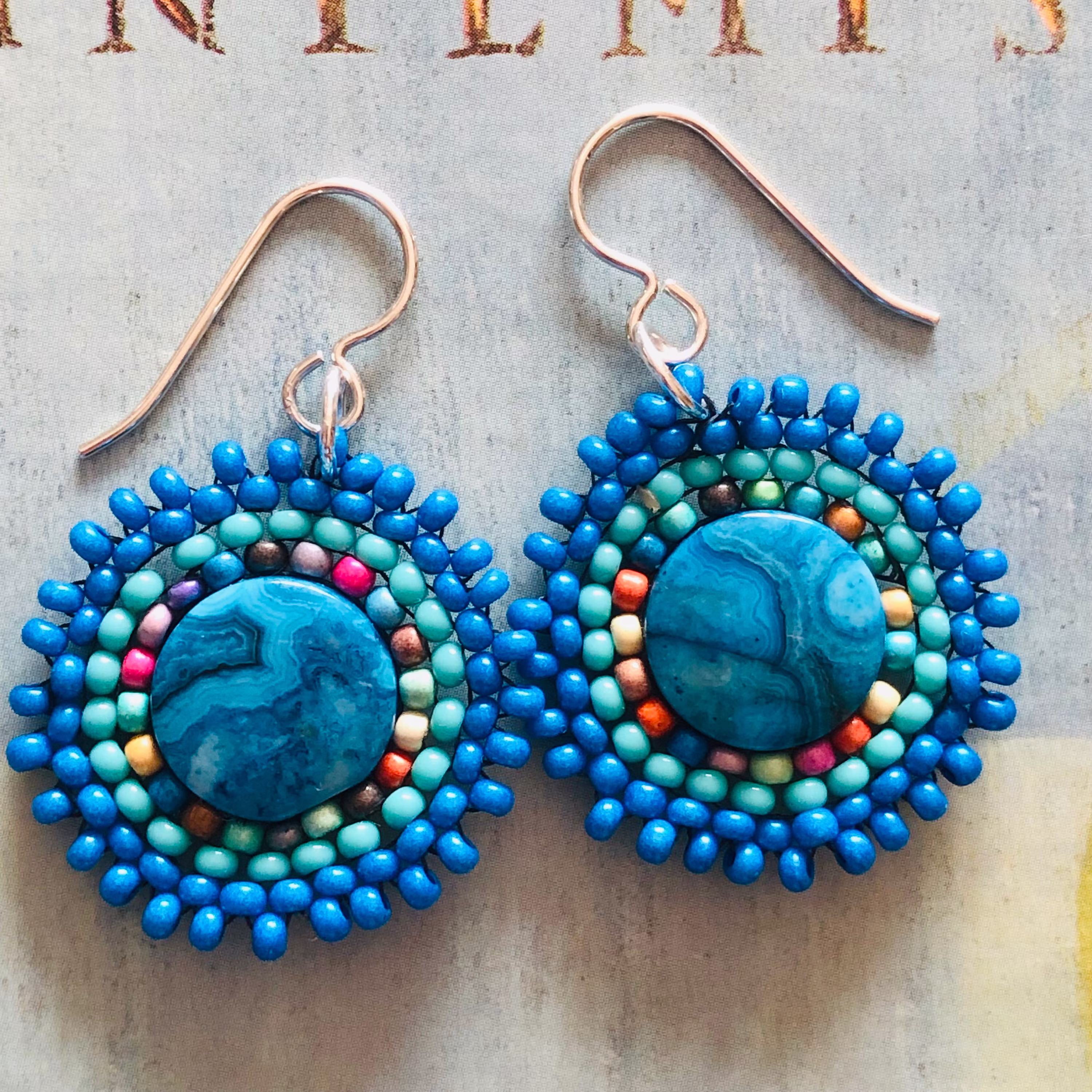 Small Seed Bead Disk Earrings Blue Jasper Beaded