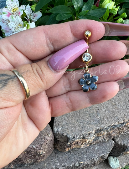 Bin #24 Gold Crystal Inspired Black Hawaiian Hibiscus Flower Dangle Navel Belly Button Ring 316L