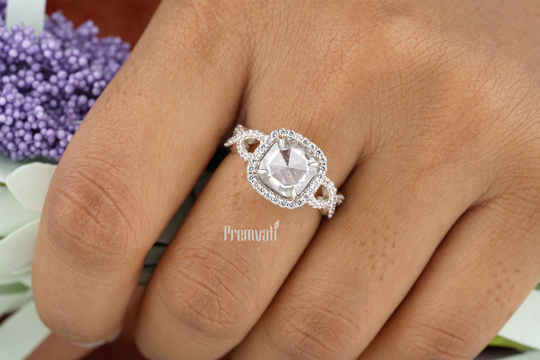 2.26Ct Salt & Pepper Diamond Wedding Ring, Cushion Halo Twisted Antique Style Art Deco Moissanite Unique Gold Ring For Her