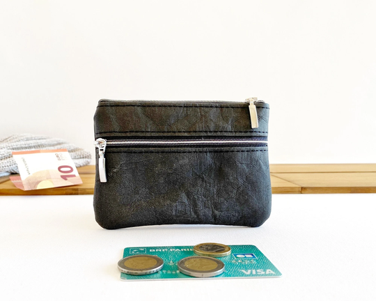 Black Mini Wallet | Vegan Card Double Zip Pouch Made From Washable Paper