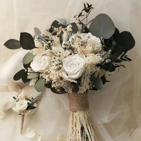Flower Bouquet Of Colorfast Roses, Eucalyptus & Mountain Herbs
