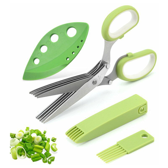 Perle Rare - Three-piece stainless steel kitchen herb scissors, 5-blade multi-purpose herb scissors, cover with cleaning comb, multi-functional