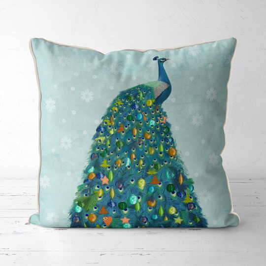 Christmas Pillow Cover, Peacock Tree Decorative Cushion Holiday Season Gift Buying, Blue Bird Throw Xmas Decoration