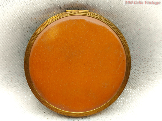 Minimalist Orange & Gold Tone-Vintage Ladies Powder Compact -8cm