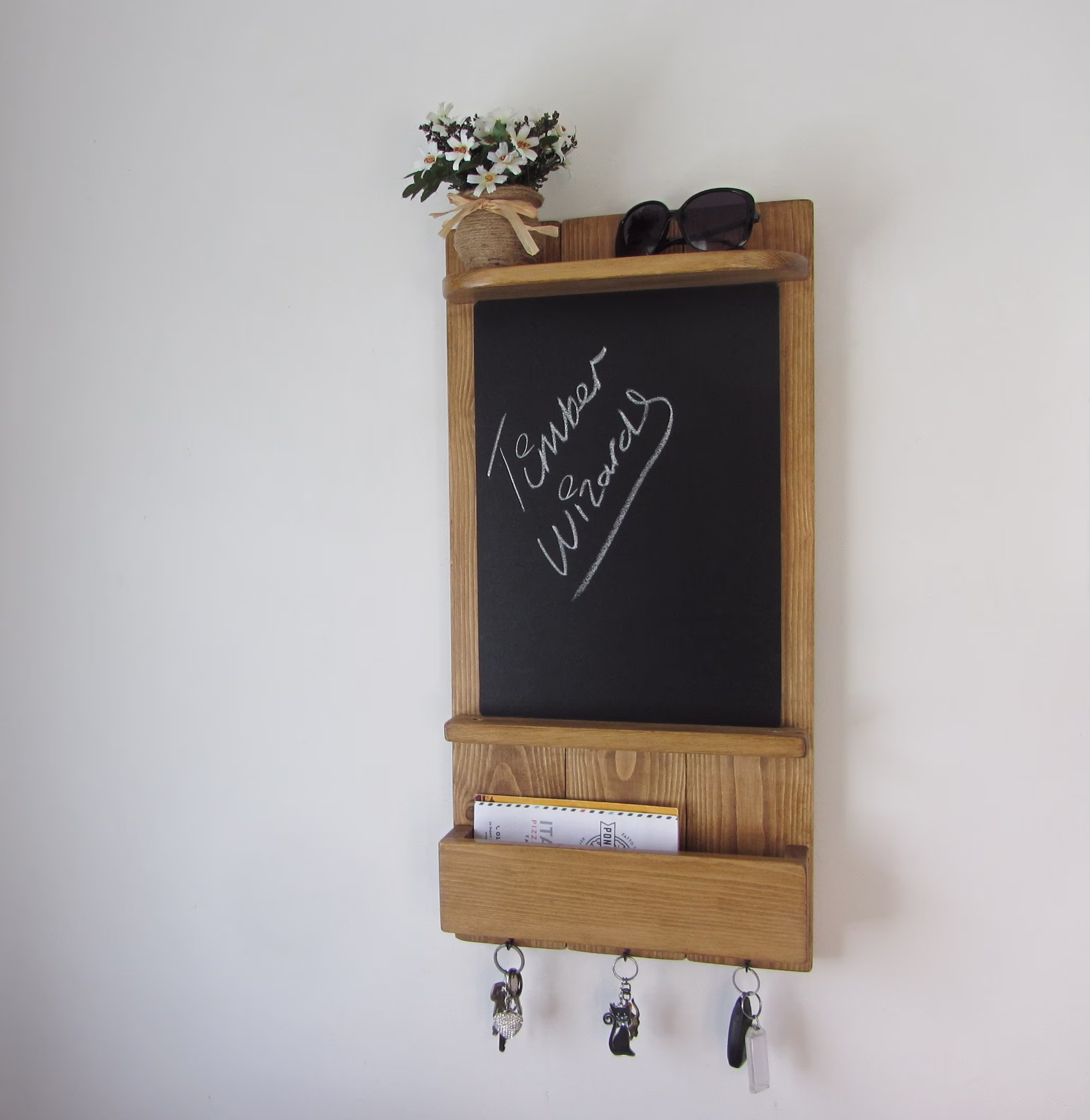 Reclaimed Wood Kitchen Organizer 3 Hook Key Holder With Shelf , Letter Rack & Large A3 Chalk Board/Blackboard Medium Oak Wax