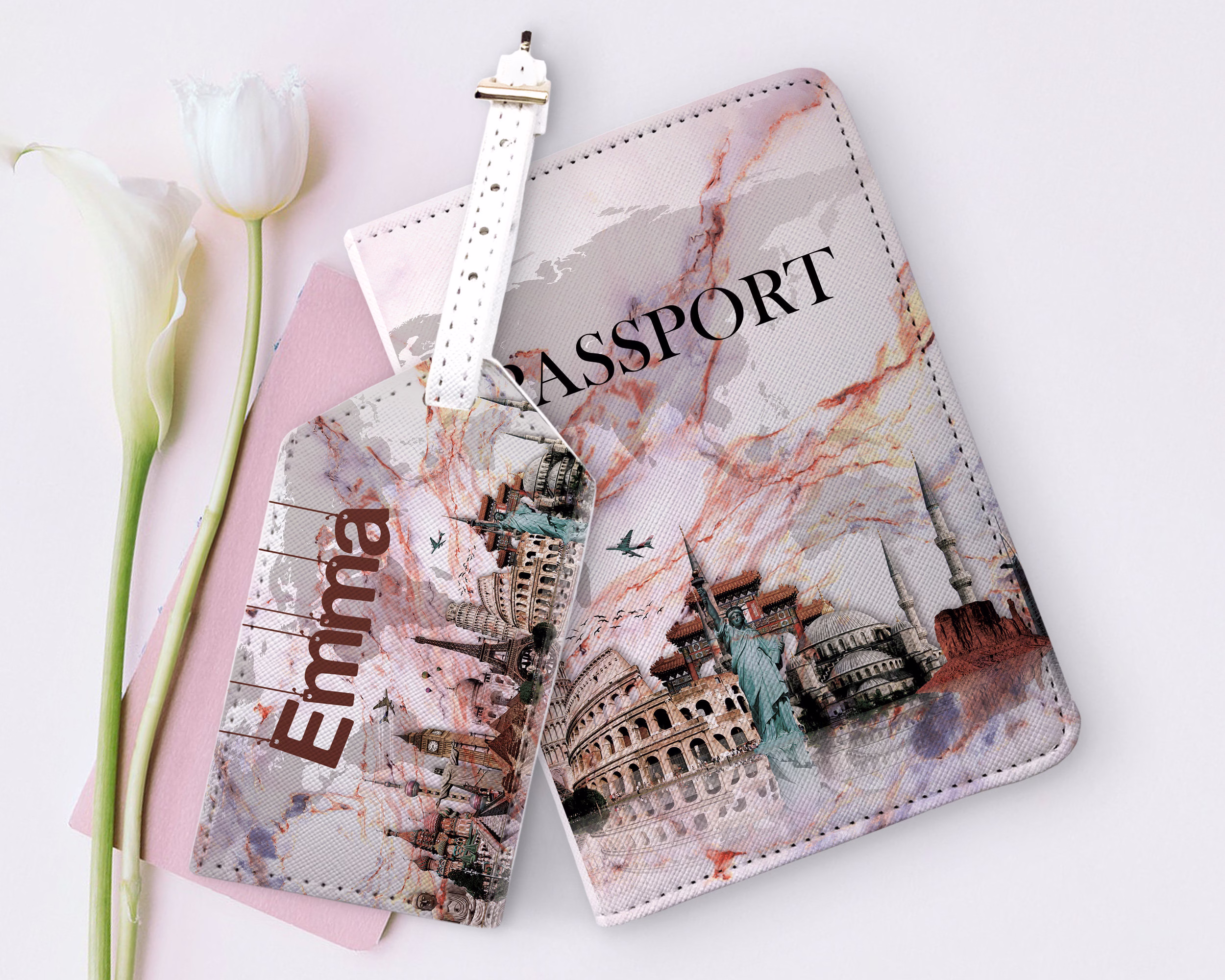 Travel Document Organizer Set Wallet Custom Passport Holder Luggage Tag With Design Famous Sights Card Cover Cl6468