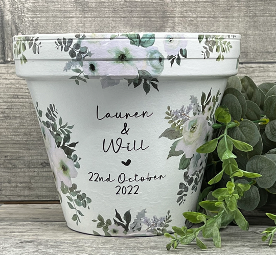 Personalised Wedding, Engagement Celebration Plant Pot Birthday Anniversary Retirement Decorated Terracotta Home Decor 2 Sizes