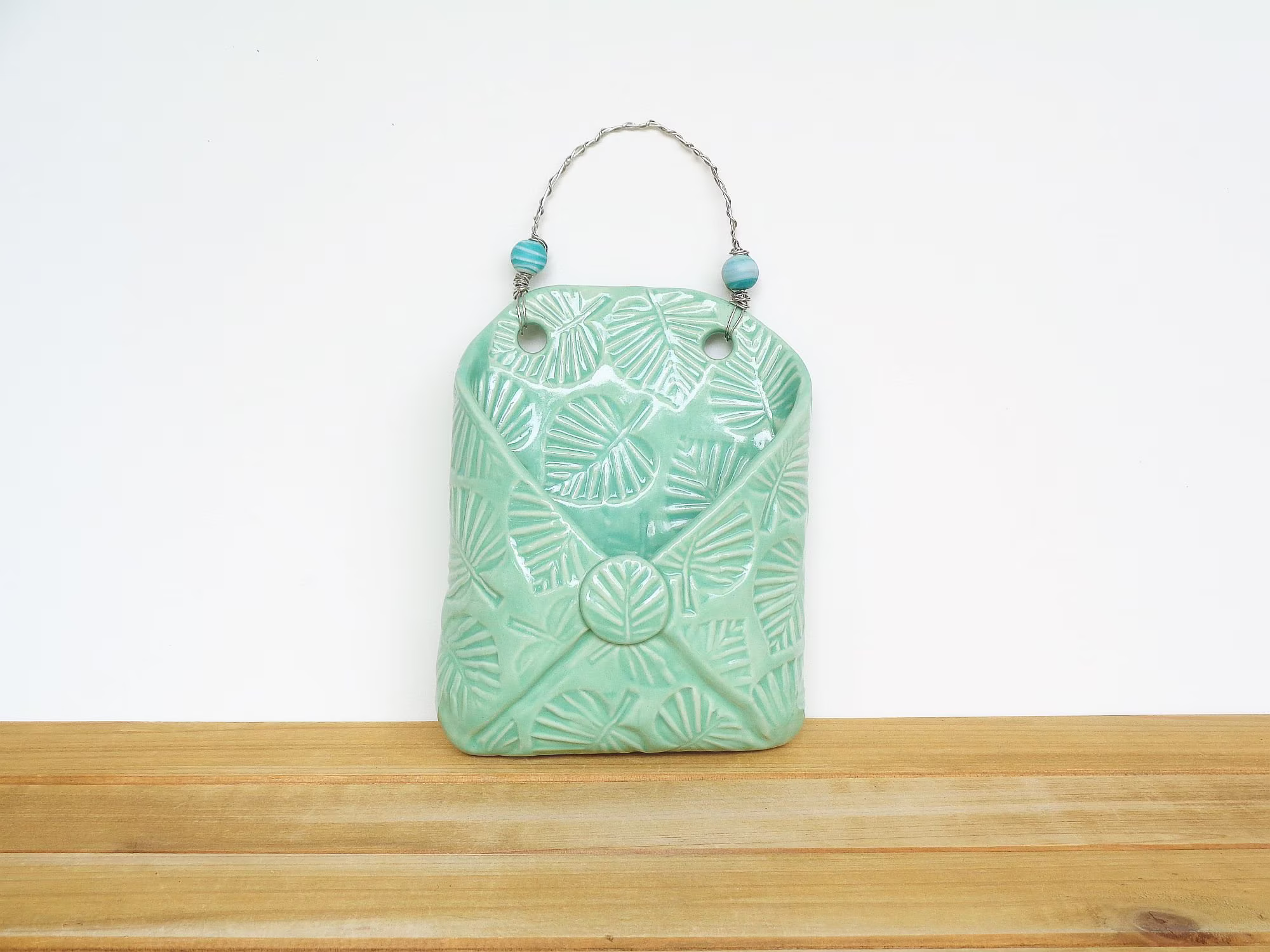 Ceramic Wall Pocket, Handmade Pottery, Stamped Vase, Envelope Shaped Planter, Mint Green Glaze