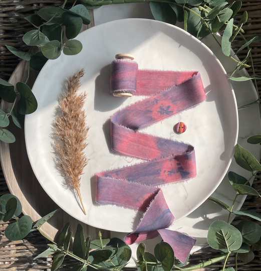 Blue, Purple & Pink Organic Bamboo Ribbon, Naturally Tie Dyed Indigo Silk Boho Style Ribbon, Vegan Hand Dyed Bamboo Ribbon